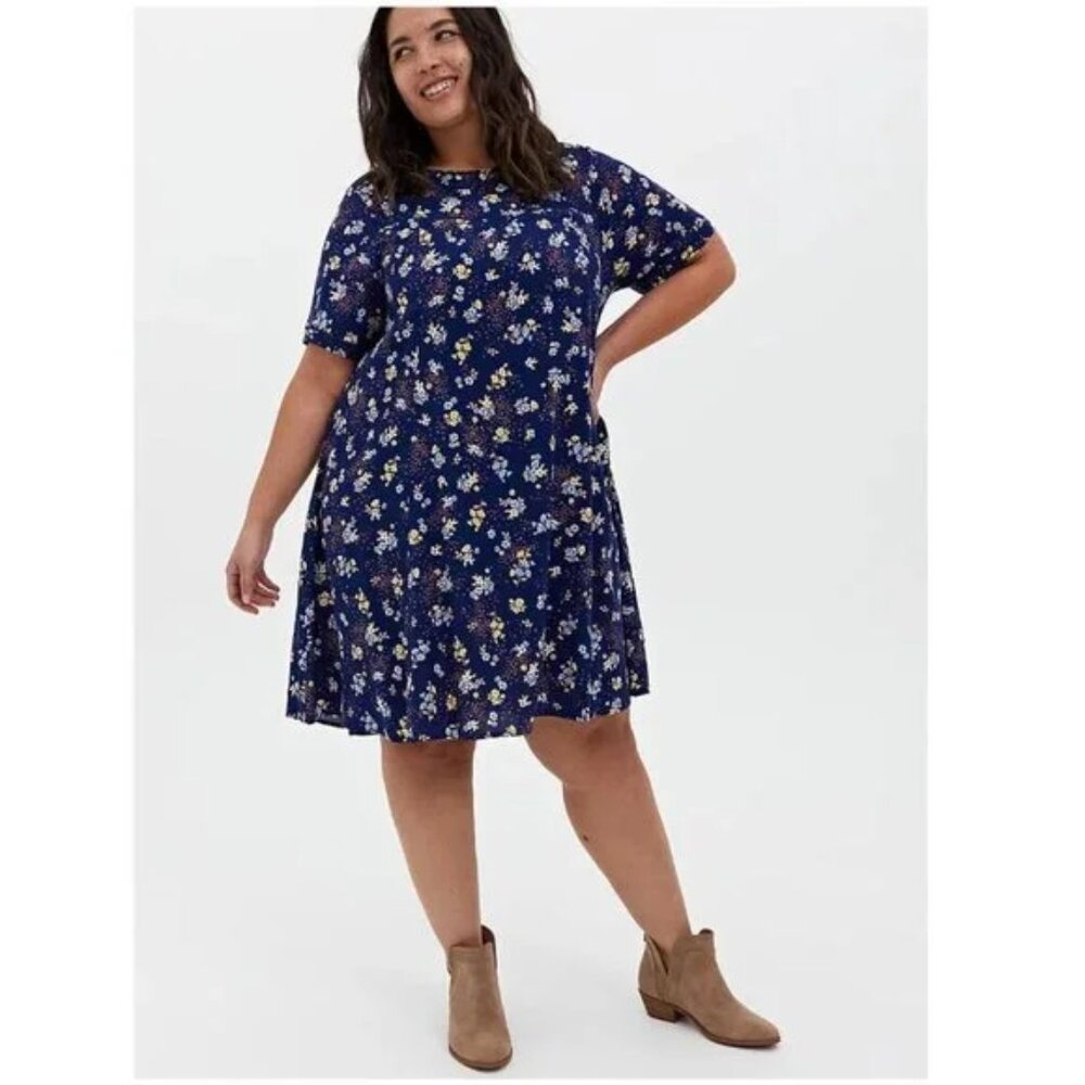 NWT Torrid Size Navy Leopard Floral Challis Mini Trapeze Dress